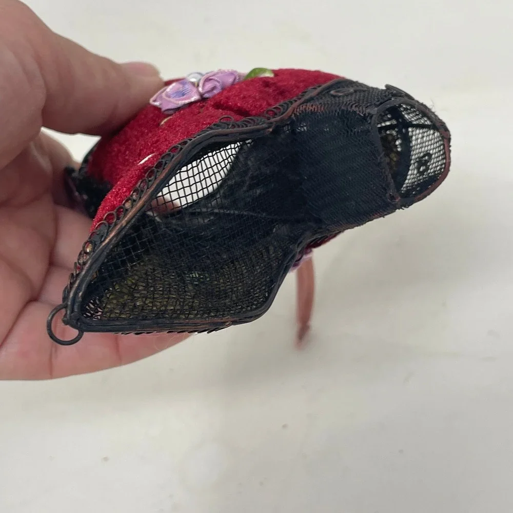 Vintage Victorian Style Burgundy Velvet Wire Mesh Boot Ornament Ribbon Flower
